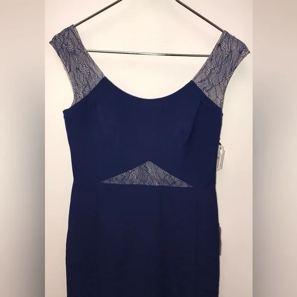 AIDAN MATTOX Lace inset cutout Navy Blue floor length gown Size 4 NEW WITH TAGS - Picture 14 of 15